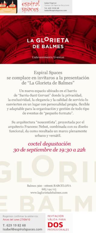 ESPIRAL SPACES organiza cóctel-presentación LA GLORIETA DE BALMES